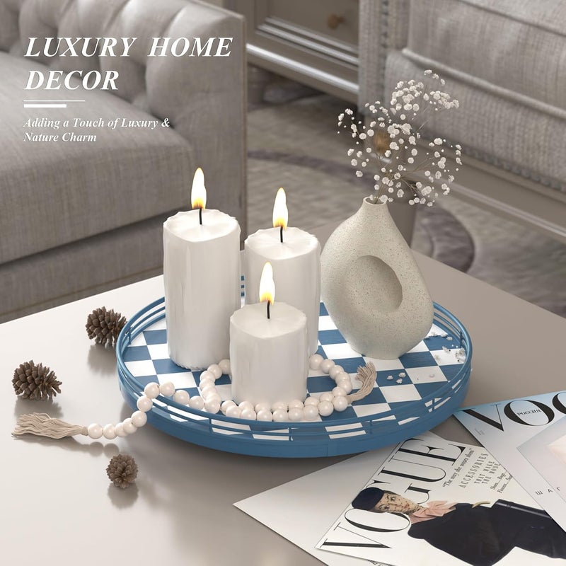 AMH Premium Rubber Wood Lazy Susan Turntable, Blue White Checkerboard Decorative Serving Tray, Hand-Welded Metal Railing, Stable Rotating Organizer for Dining Table, Kitchen Counter, Coffee Table Decor - Image 2