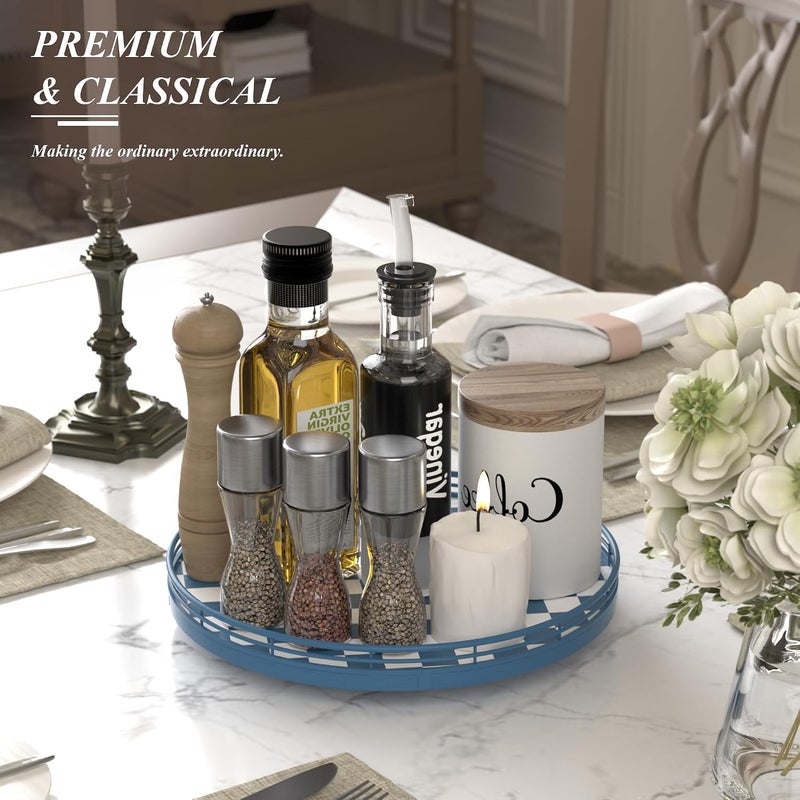 AMH Premium Rubber Wood Lazy Susan Turntable, Blue White Checkerboard Decorative Serving Tray, Hand-Welded Metal Railing, Stable Rotating Organizer for Dining Table, Kitchen Counter, Coffee Table Decor - Image 4