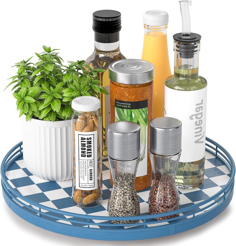 AMH Premium Rubber Wood Lazy Susan Turntable, Blue White Checkerboard Decorative Serving Tray, Hand-Welded Metal Railing, Stable Rotating Organizer for Dining Table, Kitchen Counter, Coffee Table Decor - Image 1