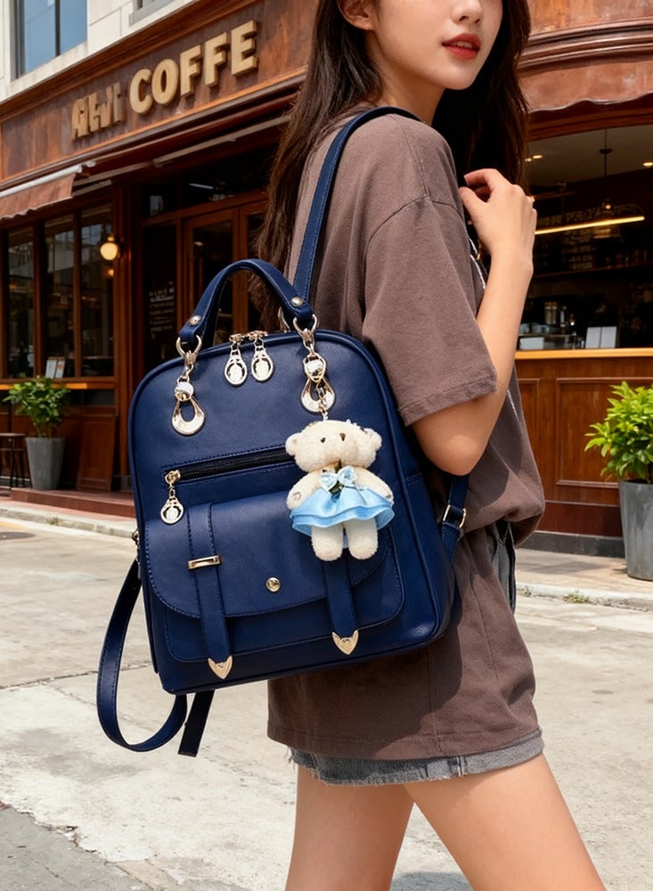 Women High-end PU Leather Leisure Large Capacity Travel Backpack With Cute Bear Pendant Zipper Casual Girl Teenager School Fashionable Double Shoulder Backpack Bag - Image 1