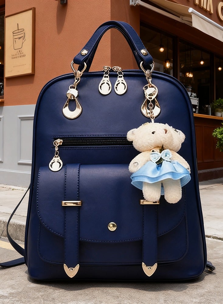 Women High-end PU Leather Leisure Large Capacity Travel Backpack With Cute Bear Pendant Zipper Casual Girl Teenager School Fashionable Double Shoulder Backpack Bag - Image 3