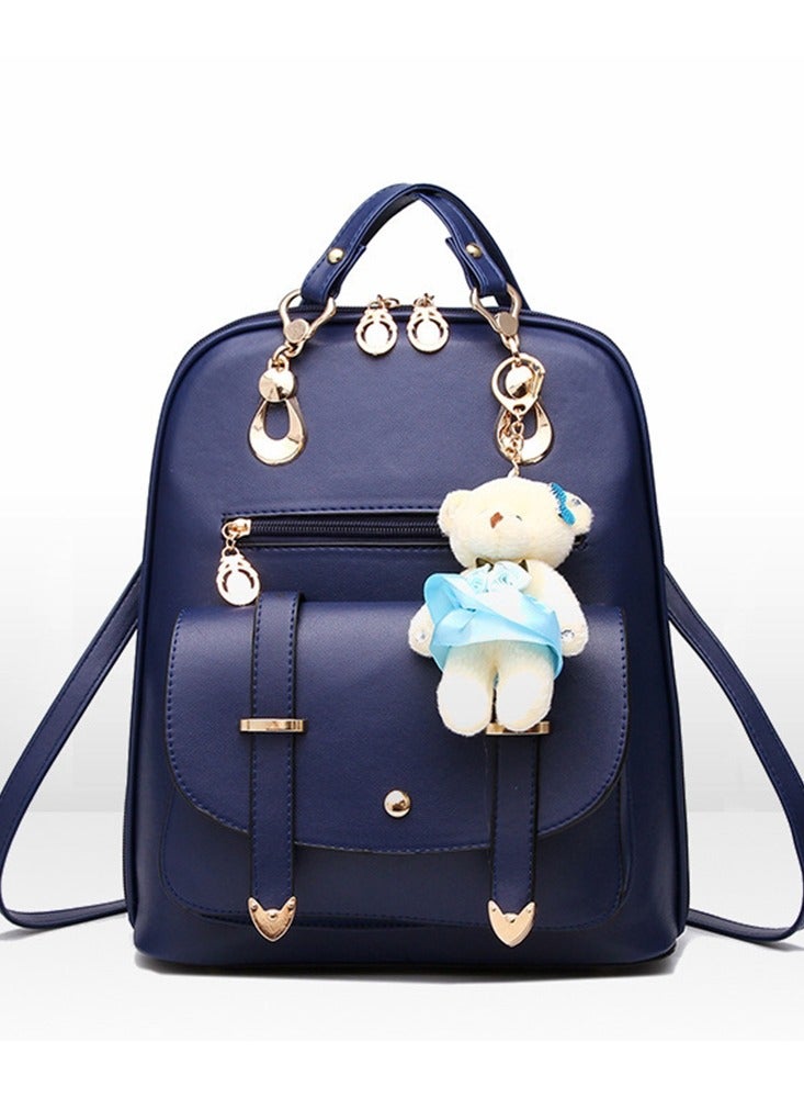 Women High-end PU Leather Leisure Large Capacity Travel Backpack With Cute Bear Pendant Zipper Casual Girl Teenager School Fashionable Double Shoulder Backpack Bag - Image 4