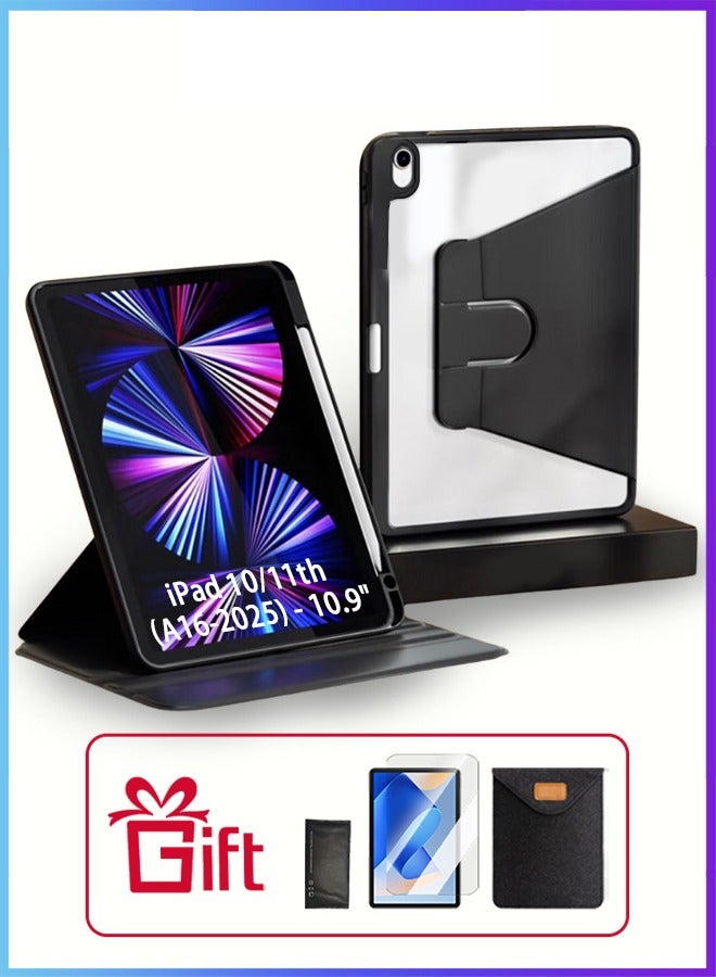 iPad 11th Generation Case (A16 2025) And iPad 10th 10.9 Inch Case With Pen Slot/Tablet 360° Rotating iPad Case/Auto Sleep/Wake Slim Stand/Transparent Tpu Protective Case/AED 29 Gift Set Anti-Glare Protective Film/Felt Tablet Pouch- Black - Image 1