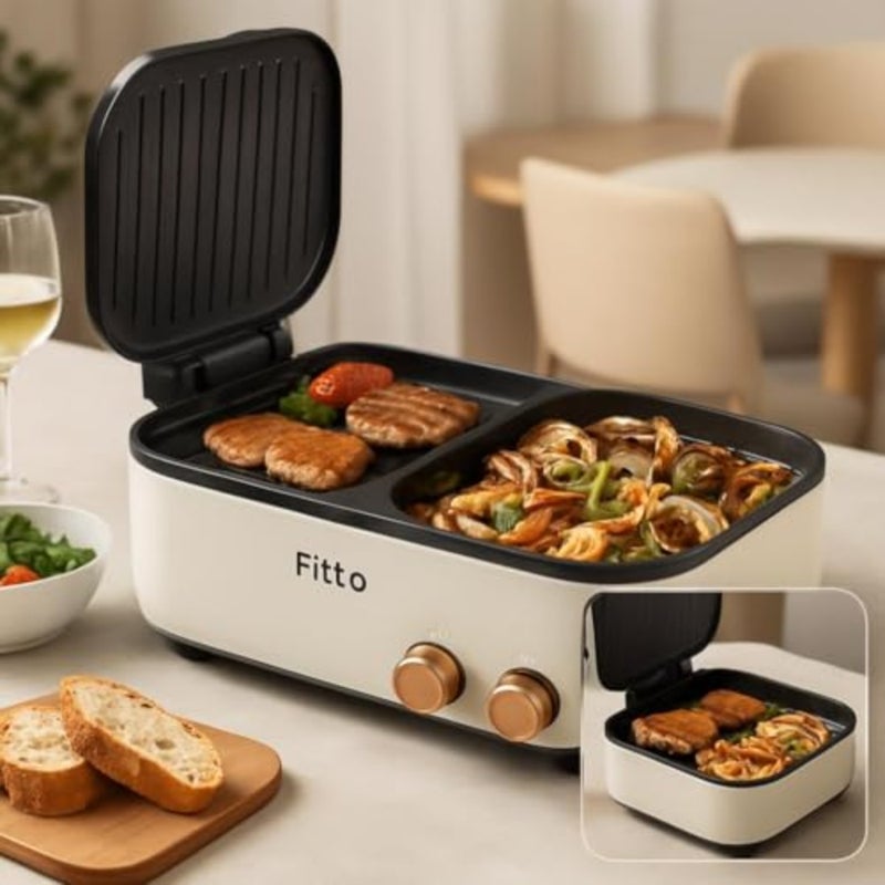 1800W Electric Grill and Hot Pot Cooker with Non-Stick Baking Tray, White - Image 3