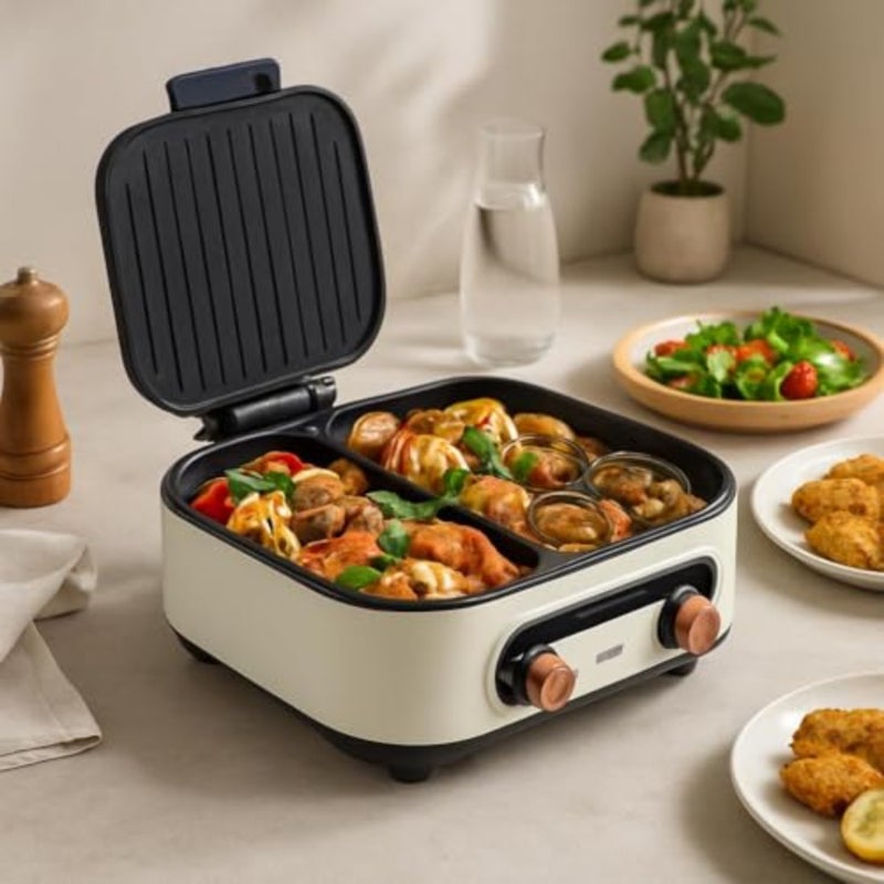 1800W Electric Grill and Hot Pot Cooker with Non-Stick Baking Tray, White - Image 2