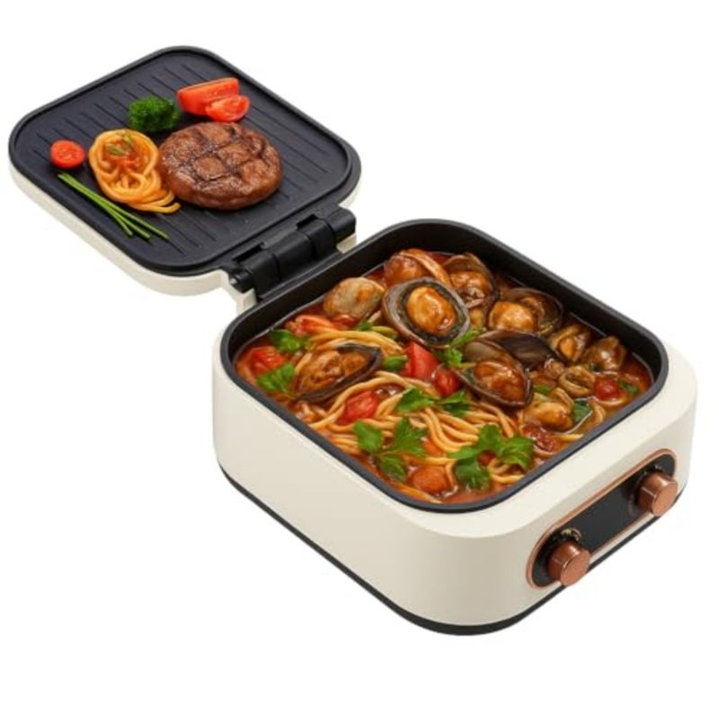 1800W Electric Grill and Hot Pot Cooker with Non-Stick Baking Tray, White - Image 1