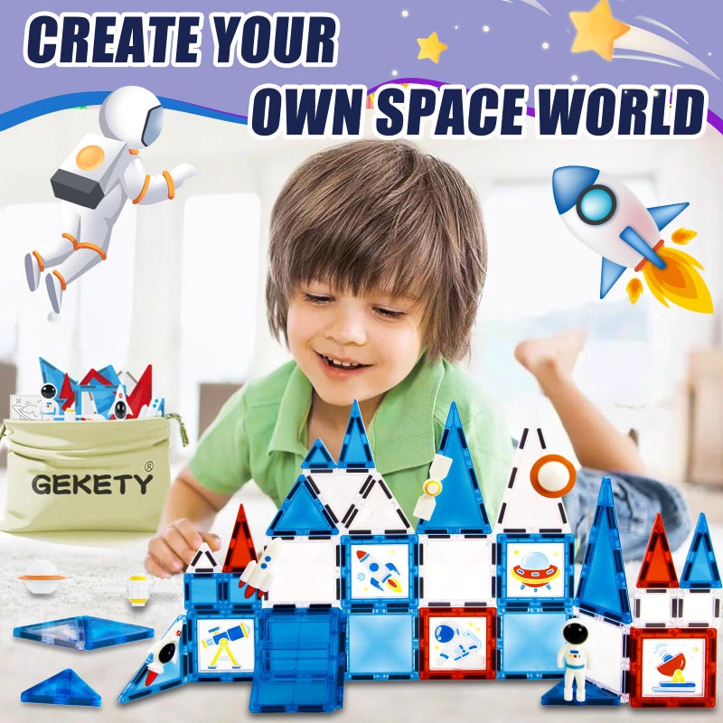 GEKETY Magnetic Tiles - 58 Pcs Space Magnets Building Blocks Set - Sensory Travel Toys for Toddler - STEM Construction Playboards Stacking Toy - DIY Window Art - Birthday Gifts for Boy, Girl, Kids Ages 3-12 - Image 3
