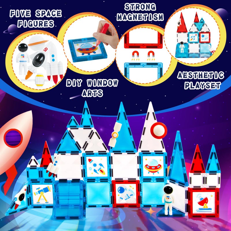 GEKETY Magnetic Tiles - 58 Pcs Space Magnets Building Blocks Set - Sensory Travel Toys for Toddler - STEM Construction Playboards Stacking Toy - DIY Window Art - Birthday Gifts for Boy, Girl, Kids Ages 3-12 - Image 2