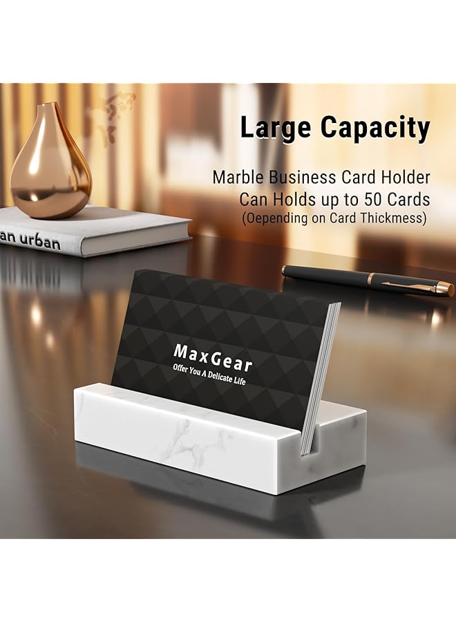 MaxGear Business Card Holder For Desk White Carrara Marble Card Display Stand Holders Holds Up To 50 Cards Elegant Desktop Organizer For Home And Office  - Image 2