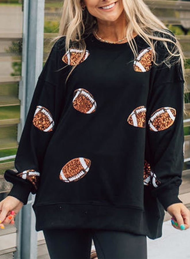 Ecosunny Women's Casual Holiday Mardi Gras Sweatshirt Sequin Print Round Neck Long Sleeve Loose Pullover Tops, A-game Day Black, XL - Image 3