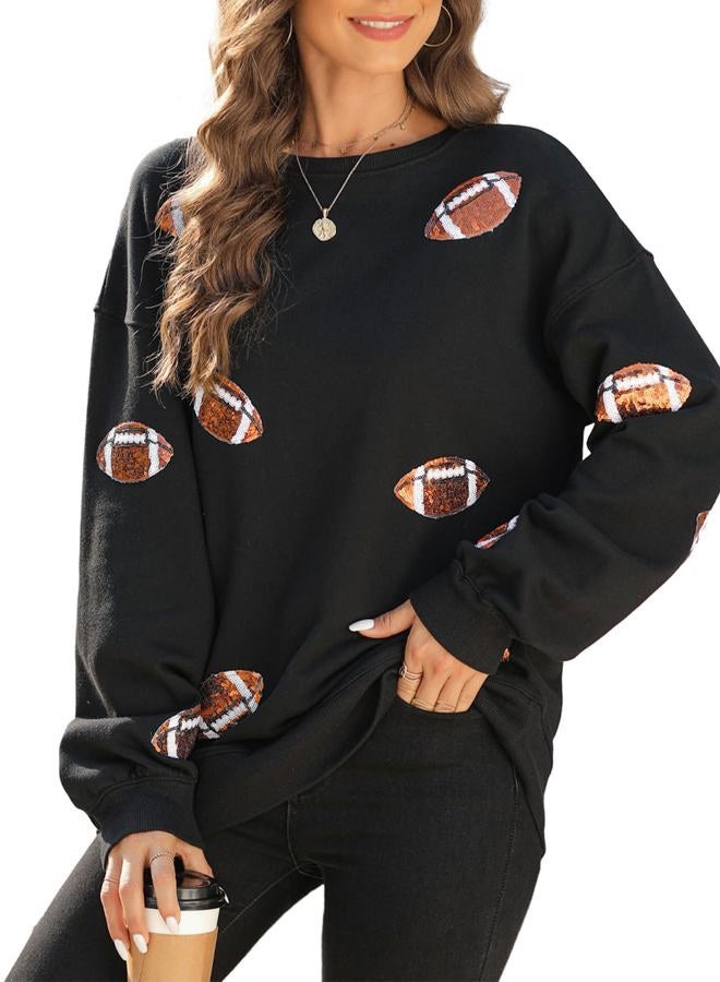 Ecosunny Women's Casual Holiday Mardi Gras Sweatshirt Sequin Print Round Neck Long Sleeve Loose Pullover Tops, A-game Day Black, XL - Image 1