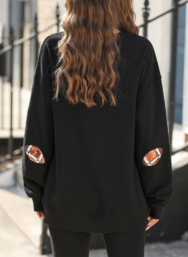 Ecosunny Women's Casual Holiday Mardi Gras Sweatshirt Sequin Print Round Neck Long Sleeve Loose Pullover Tops, A-game Day Black, XL - Image 5