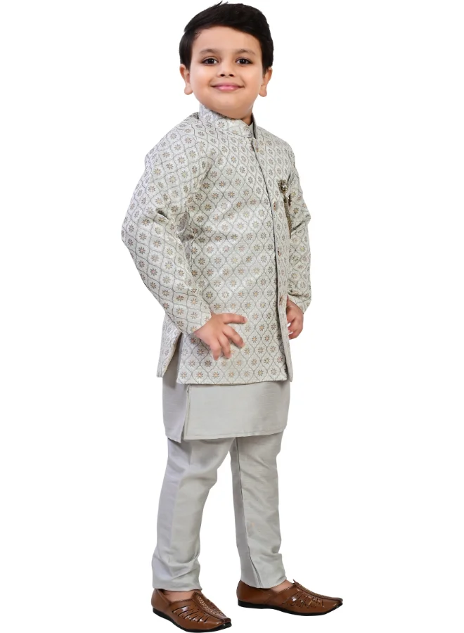 BT DEZINES Boys Grey Jacquard Indo Western Sherwani Set