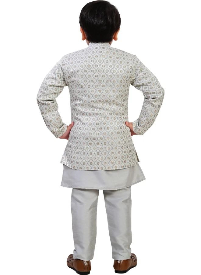 BT DEZINES Boys Grey Jacquard Indo Western Sherwani Set