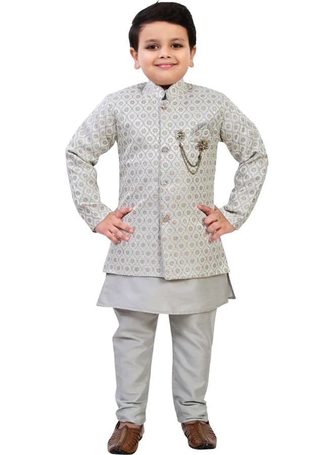 BT DEZINES Boys Grey Jacquard Indo Western Sherwani Set