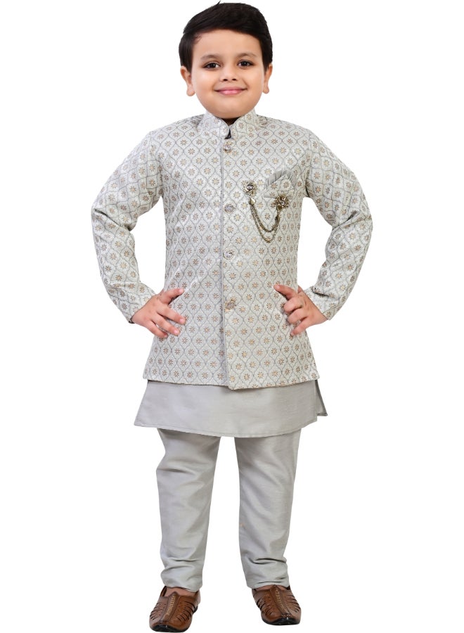 بي تي ديزايز طقم شيرواني ولادي رمادي جاكار إند وسترن - Image 1