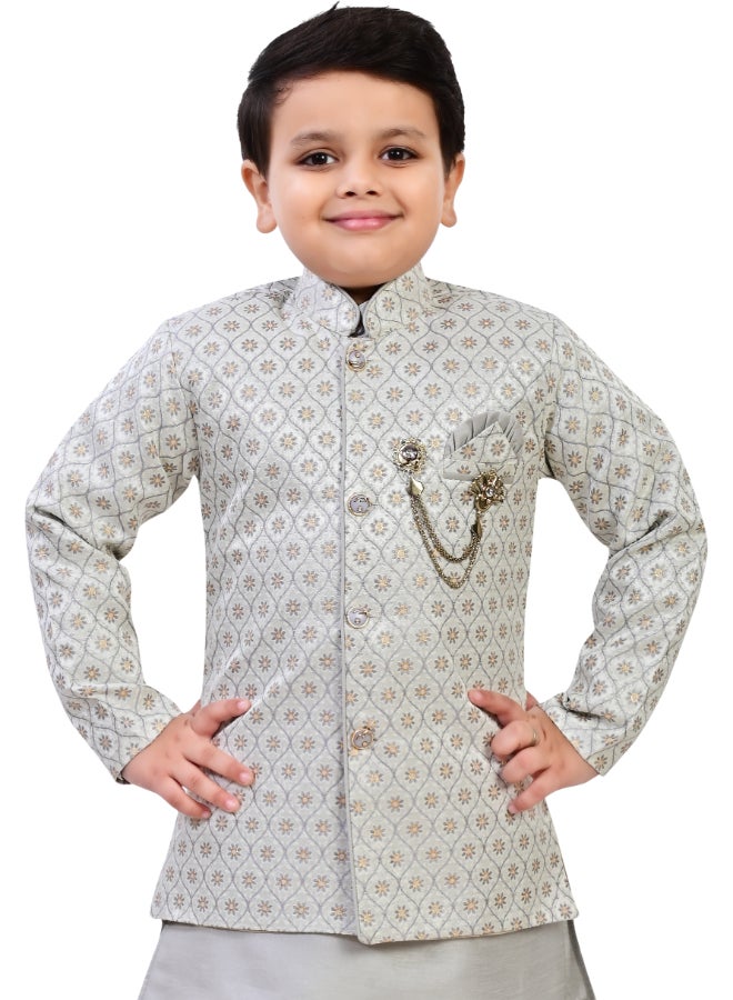 بي تي ديزايز طقم شيرواني ولادي رمادي جاكار إند وسترن - Image 5