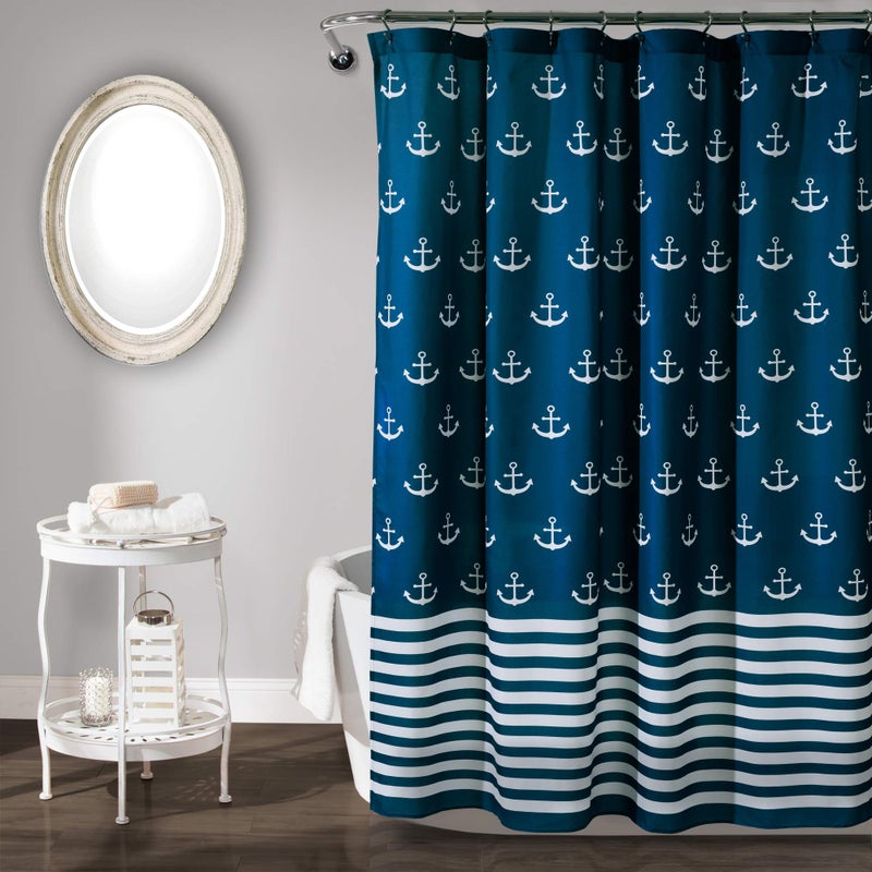 Lush Decor Shower Curtain BeachThemed Bathroom Accessories Navy Blue Anchor Print 72 x 72