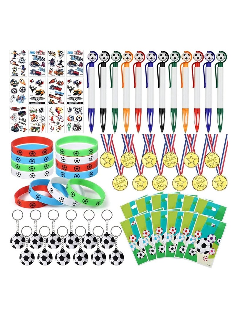 KASTWAVE Soccer Party Favors Set 72 Pack Soccer Theme Party Supplies Soccer Toy Soccer Bracelets Keychains Tattoo Stickers Gold Plastic Prize Medals and Whistle Pens Soccer Goodie Bags - Image 1