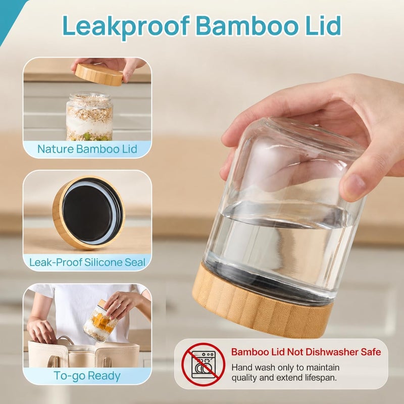 Vtopmart 6 Pack 16oz Glass Overnight Oats Containers with Bamboo Lids, Portable Wide Mouth Glass Jars Leak-proof, Reusable Glass Food Storage Containers for Yogurt Chia Pudding Salad Pickling Snacks - Image 5