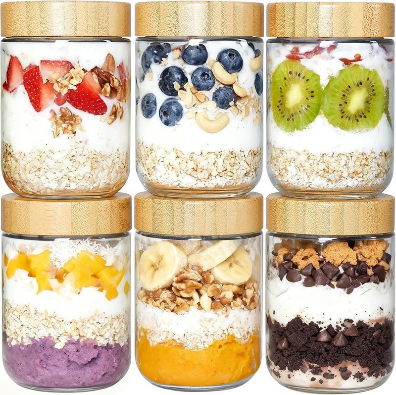 Vtopmart 6 Pack 16oz Glass Overnight Oats Containers with Bamboo Lids, Portable Wide Mouth Glass Jars Leak-proof, Reusable Glass Food Storage Containers for Yogurt Chia Pudding Salad Pickling Snacks - Image 1