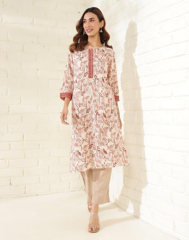 Fabindia Peach Cotton Hand Block Printed Long Kurta - Image 2