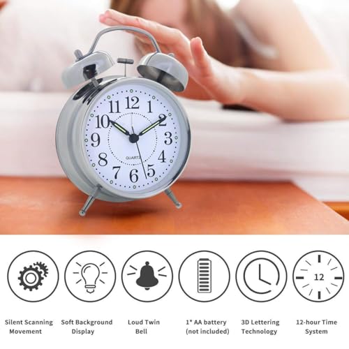 AERYS Retro Twin Bell Table Clock, Metal Frame Alarm Clock with Night Backlight, Silent Movement, High Volume for Heavy Sleeper Alarm for Home, Office, Bedroom, Living Room (Silver Clock) - Image 5