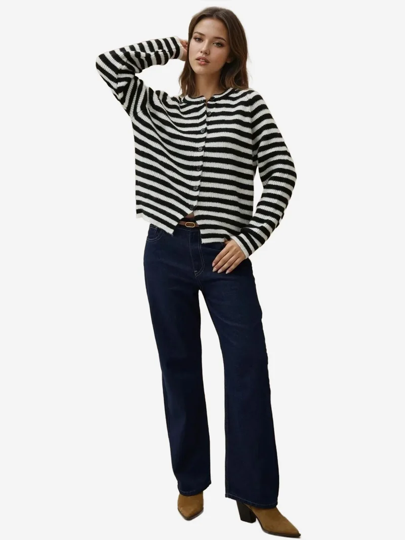 HICCUP Striped Knitwear Soft Touch Cardigan with Crew Neck