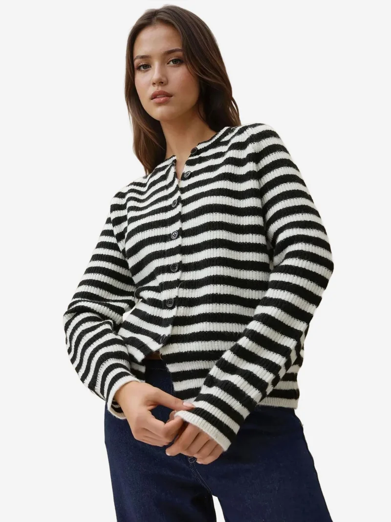 HICCUP Striped Knitwear Soft Touch Cardigan with Crew Neck
