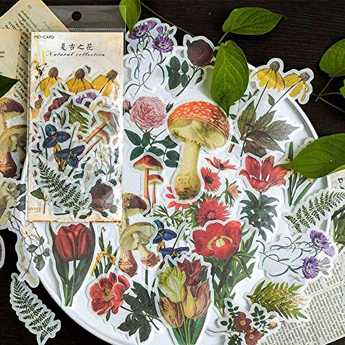 Doraking DIY Decorative Vintage Flowers Plants Set - 60pcs Laptop & Scrapbook Stickers, Friendly to Kids - Image 1