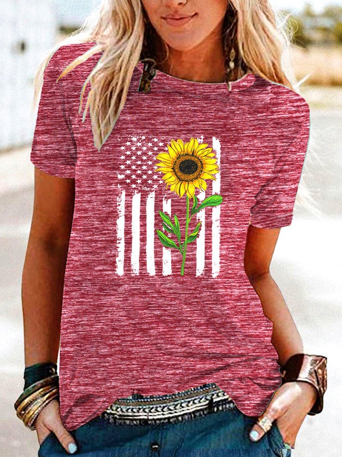 wish flag sunflower pattern printed contrast short sleeve T-shirt for women - Image 1