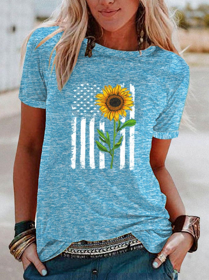 wish flag sunflower pattern printed contrast short sleeve T-shirt for women - Image 4