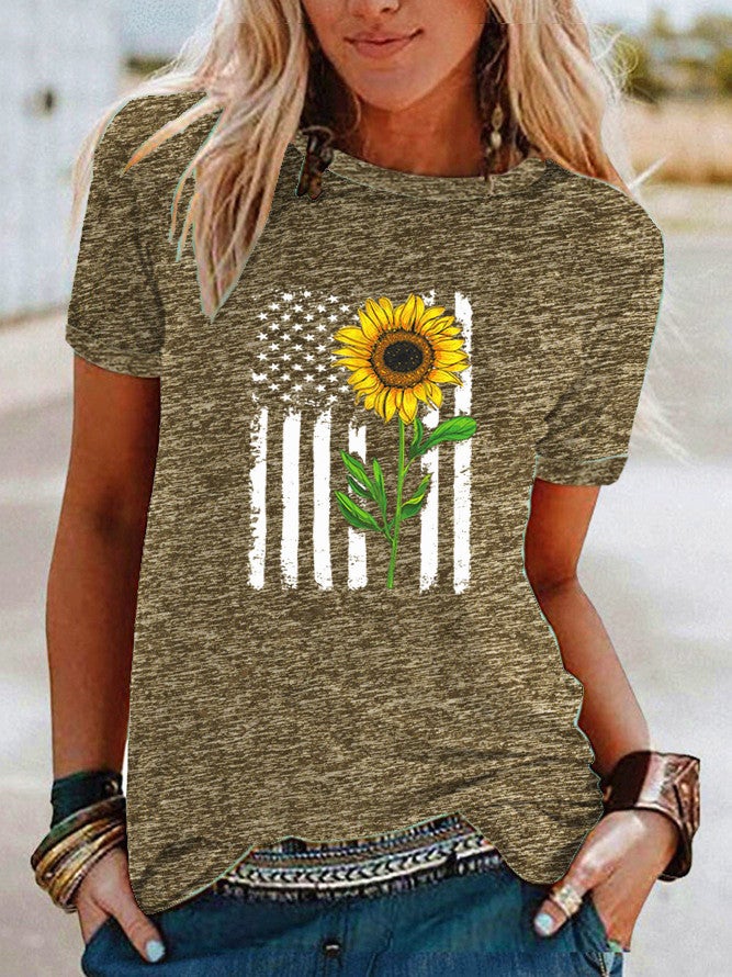 wish flag sunflower pattern printed contrast short sleeve T-shirt for women - Image 3