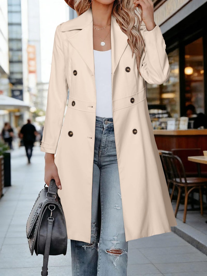 Simplee Womens Trench Coat Double-Breasted Long Dressy Overcoat Windbreaker Classic Lapel Fall Outerwear (Beige Gray M) - Image 2