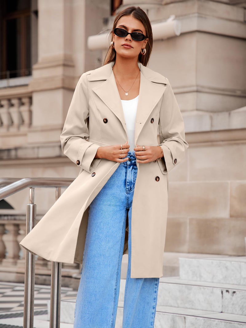Simplee Womens Trench Coat Double-Breasted Long Dressy Overcoat Windbreaker Classic Lapel Fall Outerwear (Beige Gray M) - Image 3