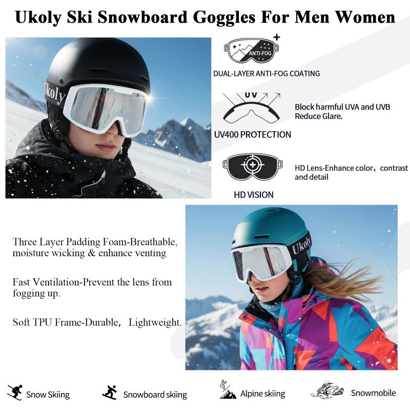 Ukoly Ski/Snowboard Goggles for Men Women, Snow Goggles HD Lens Anti-Fog Coating OTG Design UV400 Protection Windproof (White Frame Silver HD Lens) - Image 3