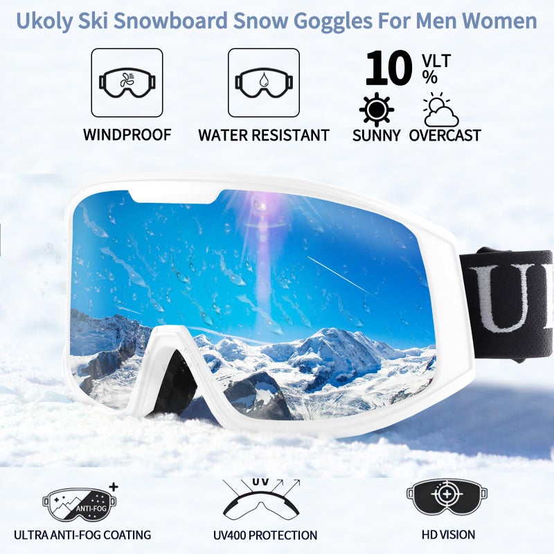 Ukoly Ski/Snowboard Goggles for Men Women, Snow Goggles HD Lens Anti-Fog Coating OTG Design UV400 Protection Windproof (White Frame Silver HD Lens) - Image 5