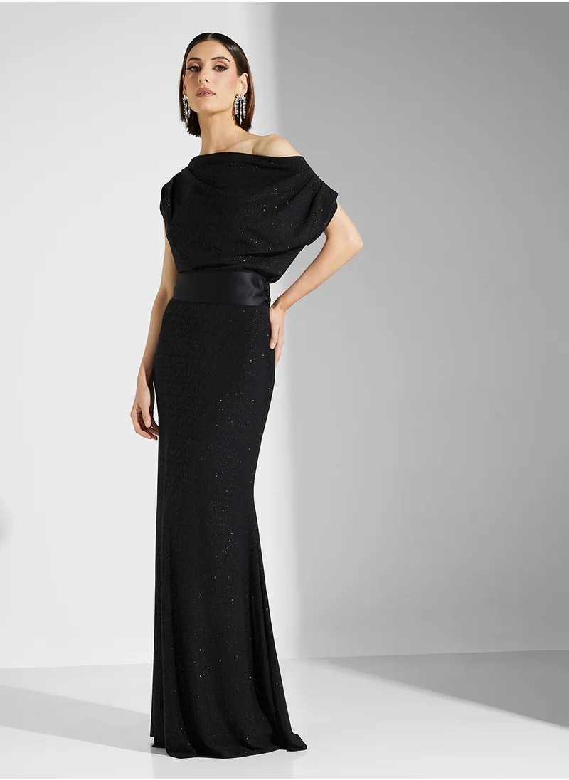 Namshi x Shimmer Dress With Aysmmetrical Shoulder Cut