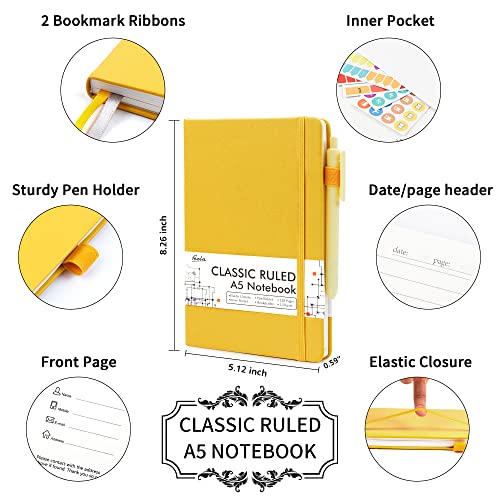 feela 5 Pack Journal Notebook Bulk for School, Hardcover Business Notebooks Classic Ruled Lined Journals with Pen Holder for Work Note Taking, with 5 Black Pens, 120 GSM, 5.1”x8.3”, A5, Yellow - Image 2