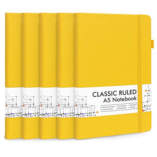 feela 5 Pack Journal Notebook Bulk for School, Hardcover Business Notebooks Classic Ruled Lined Journals with Pen Holder for Work Note Taking, with 5 Black Pens, 120 GSM, 5.1”x8.3”, A5, Yellow - Image 1