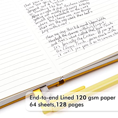 feela 5 Pack Journal Notebook Bulk for School, Hardcover Business Notebooks Classic Ruled Lined Journals with Pen Holder for Work Note Taking, with 5 Black Pens, 120 GSM, 5.1”x8.3”, A5, Yellow - Image 3