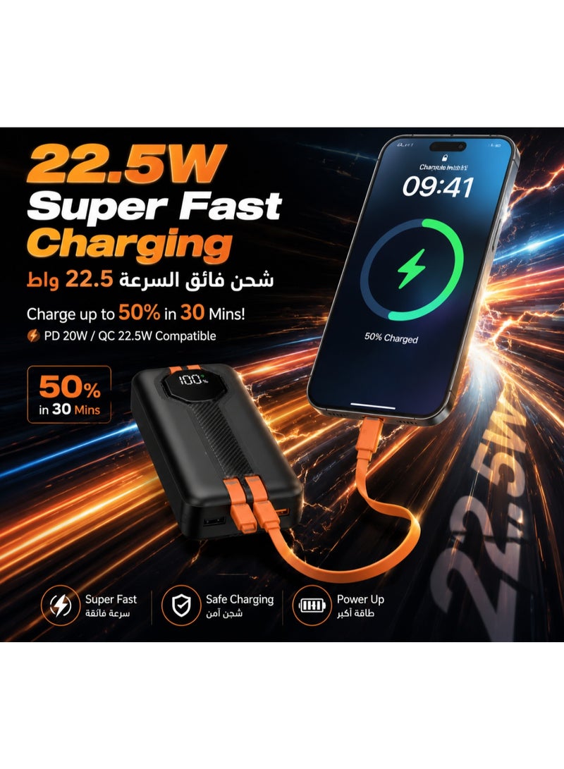شاحن متنقل بسعة 20000 مللي أمبير في الساعة مع كابلات مدمجة (Type-CوLightning)، شاحن سريع 22.5 واط مع شاشة عرض LED-أسود - Image 3