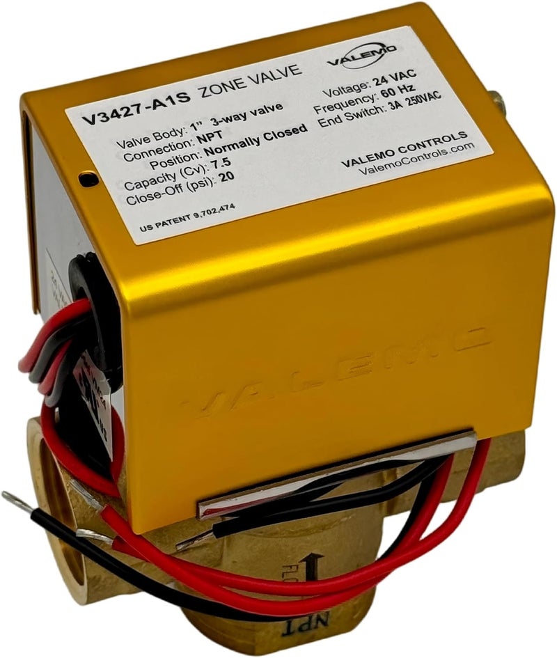 Valemo V3427-A1S Motorized Zone Valve, 3-way, 1" Threaded NPT, Normally Closed, 24 VAC with End Switch - Image 1
