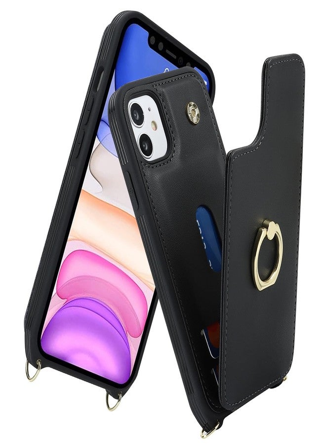 جراب هاتف Lipvina لهاتف iPhone 11 مع حامل بطاقات وحزام للنساء، حبل للكتف، مسند حلقي، حجب RFID، جراب محفظة للهاتف 6.1 بوصة (أسود) - Image 3
