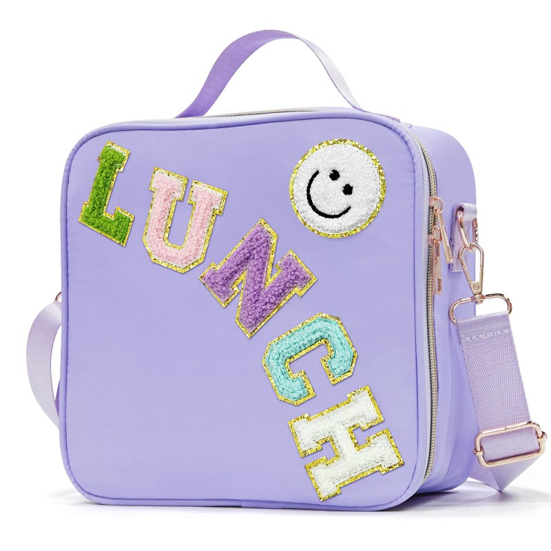 LOKFAR Insulated Lunch Bag Women Lunch Box Kids for Teen Girls Boys Cute Preppy Lunch Boxes With Adjustable Shoulder Strap Waterproof Nylon Lunchbox Lunch Bags for School Work Picnic Purple