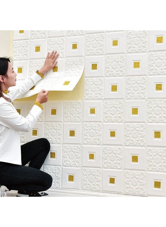 ANH MART أن إتش مارت 1 عبوة من ألواح الجدران 3D ذاتية اللصق المقاومة للماء من رغوة PE باللون الأبيض والذهبي بسماكة 4 مم ملصق ورق حائط للحمام وغرفة المعيشة وزينة المنزل، 70 × 77 سم، تقريبًا 5.8 قدم مربع. - Image 2