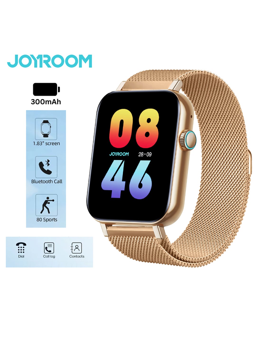 JOYROOM 300 mAh JR-FT5 Fit-Life Smart Watch, Make And Receive Calls 1.83-Inch Hd Screen Health Monitoring, Compatible With Apple & Android Phones, Metal Silicone Strap Rose Gold