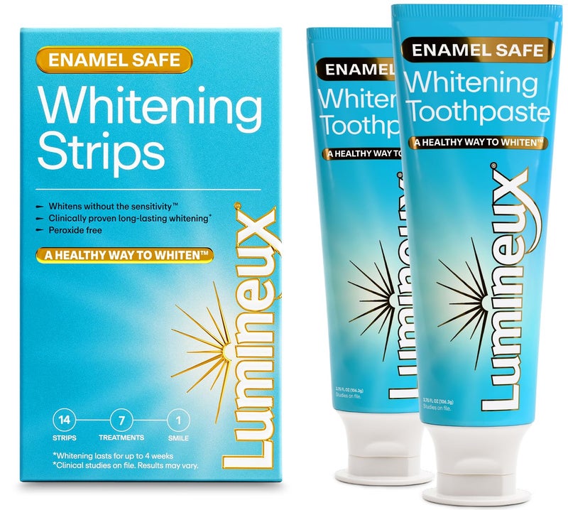 Lumineux Whitening Starter Set â€“ Peroxide Free - Enamel Safe for Whiter Teeth â€“ Includes 7 Whitening Treatments & 2 Pack Whitening Toothpaste, Fluoride Free & Dentist Formulated - Image 1