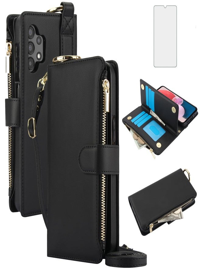 Asuwish Phone Case for Samsung Galaxy A13 5G Zipper Wallet with Tempered Glass Screen Protector Crossbody Strap Card Holder Cell Cover A04S M13 G5 A 13 2022 13A A135G SM A136U Women Girls Black - Image 1