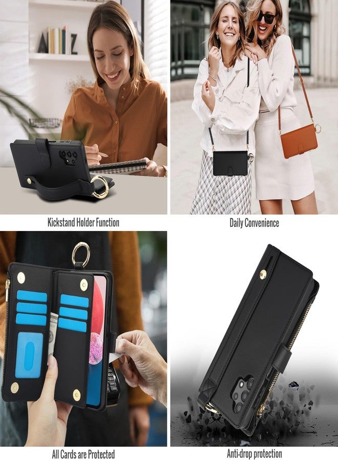 Asuwish Phone Case for Samsung Galaxy A13 5G Zipper Wallet with Tempered Glass Screen Protector Crossbody Strap Card Holder Cell Cover A04S M13 G5 A 13 2022 13A A135G SM A136U Women Girls Black - Image 5